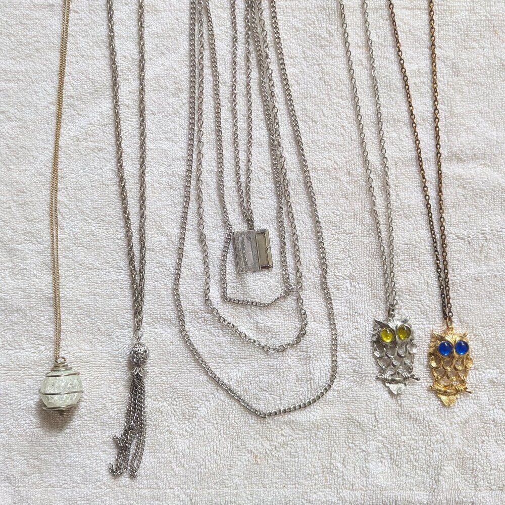 Vintage Necklaces - Lot of 5 - Owls, Locket, Glass Orb
